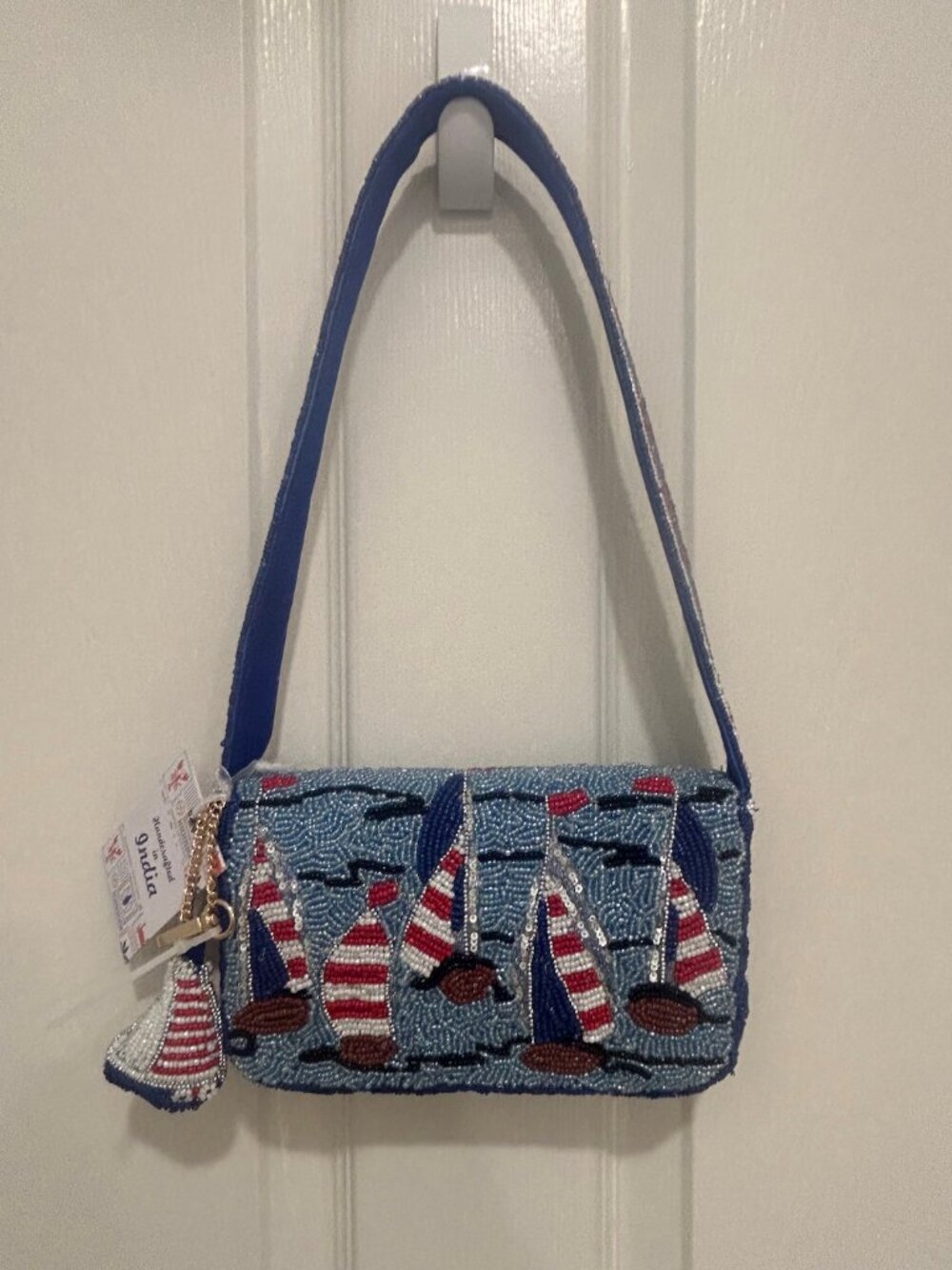 Handcrafted in India Sailboat Ocean Red White Blue Beaded Bag w Charm NWT